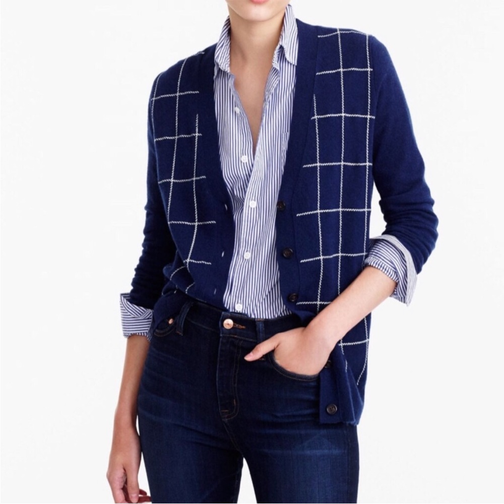 J. Crew Navy Blue Wool Cashmere Blend Windowpane Plaid Button Down Cardigan